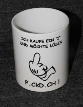 Weiße Tasse mit Spruch  "ICH KAUFE UND MÖCHTE LÖSEN "F_CK D_CH" "